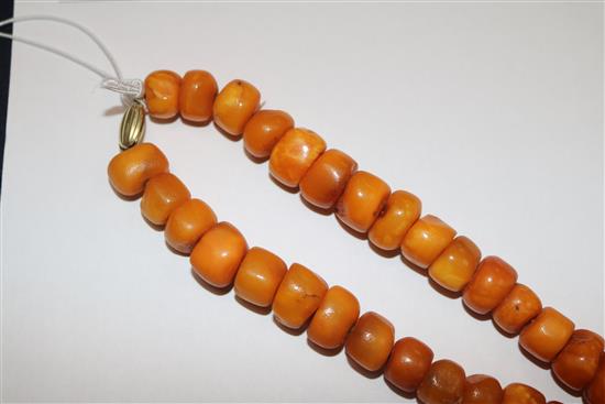 A single strand amber bead necklace, gross 72 grams, 48cm.